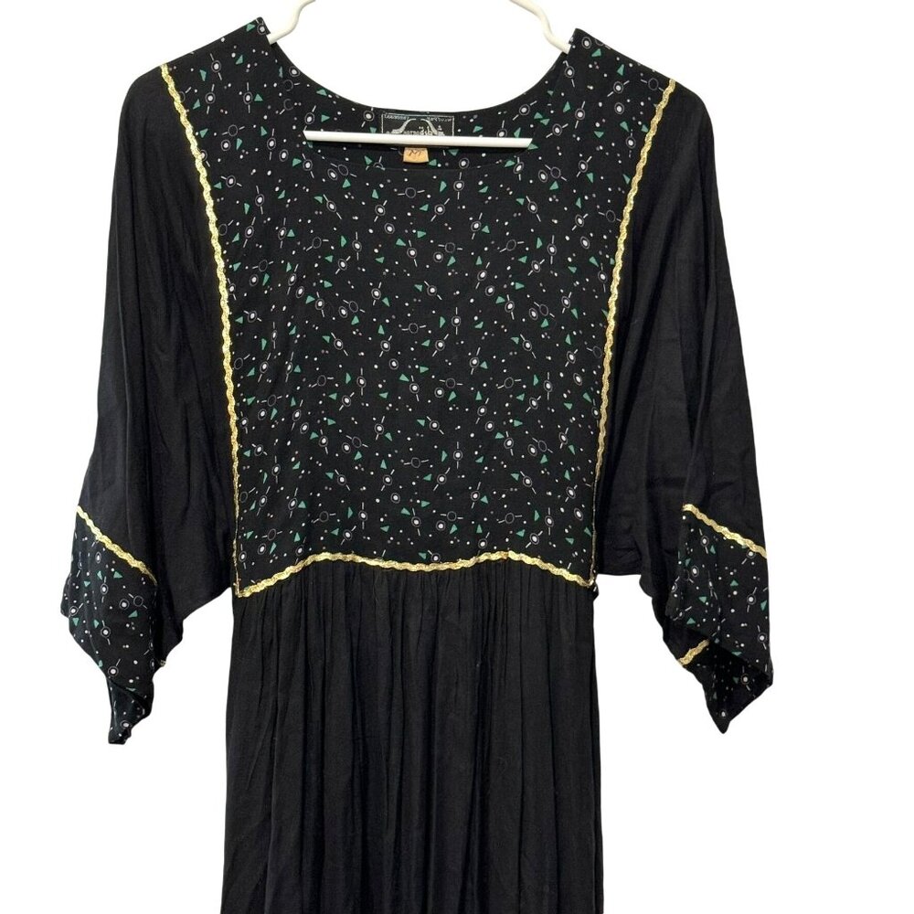 Vintage Hatra Saudia Women's M Cotton Embroidered Black Gold Trim Maxi Dress